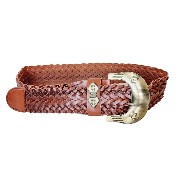 Cabi | Brown Leather Southwestern Bohemian Brass Buckle Wide Woven Braided Belt - Picture 3 of 9